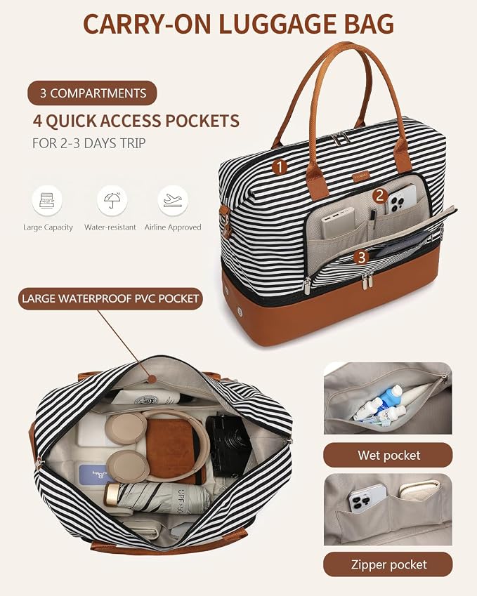 Weekender Bags for Women Travel, Under Seat Carry On Bags for Airplanes Overnight Bag with Shoe Compartment Luggage Sleeve, Foldie Travel Tote Bag Hospital Bag, Travel Gifts, Black Strip