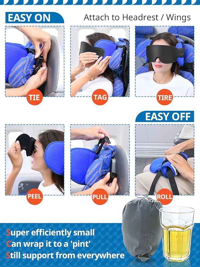 SARISUN Travel Pillows for Airplanes, Airplane Pillow for Long Flight, Airplane Head Strap with Sleep Eye Mask, 360° Headrest for Car Trip, Stop Bobblehead, Mottled Grey
