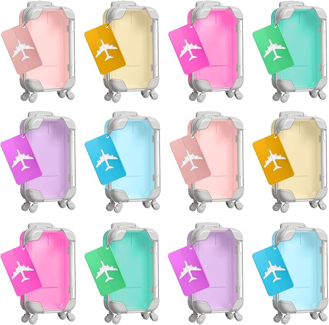 Teecyhooo 12 Pcs Mini Suitcase Party Favor Boxes and 12 Pcs Metal Luggage Tags with Card, Clear Mini Luggage Gift Boxes for Girls Wedding Travel Birthdays (6.69 x 3.74 x 1.97 Inch,Colorful)