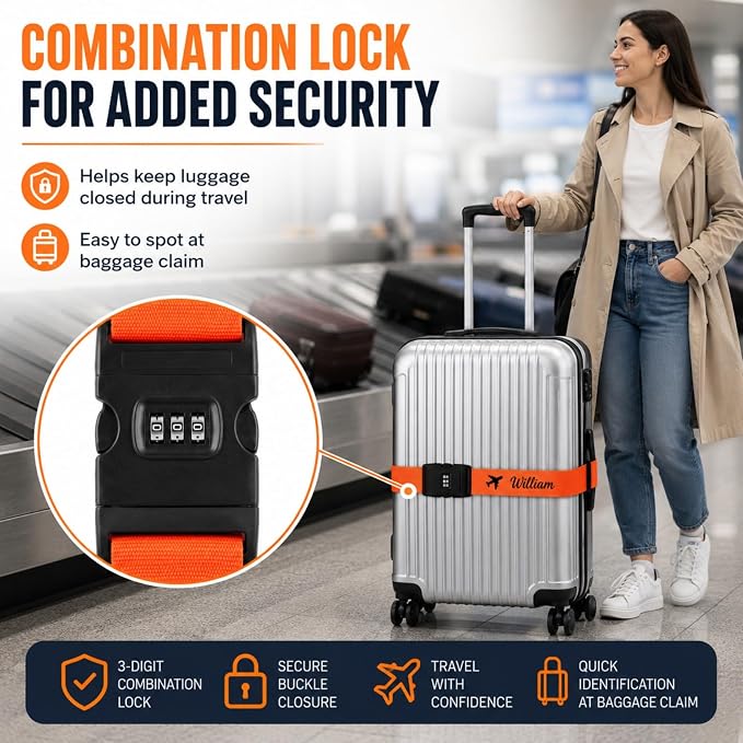 Personalized Luggage Strap with Combination Lock, Custom Embroidered Name Suitcase Belt, Heavy Duty Adjustable Travel Strap for Luggage Security and Easy Identification, Lockable Bag Belt,1 Piece