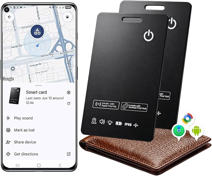 AirTag Card Pro Wallet Tracker 1.6mm for Android & iOS, Dual System Rechargeable Smart Card Work with Google Find Hub or Apple Find My APP, Item Finder Locator for Luggage/Suitcase/Bags. 2 Pack