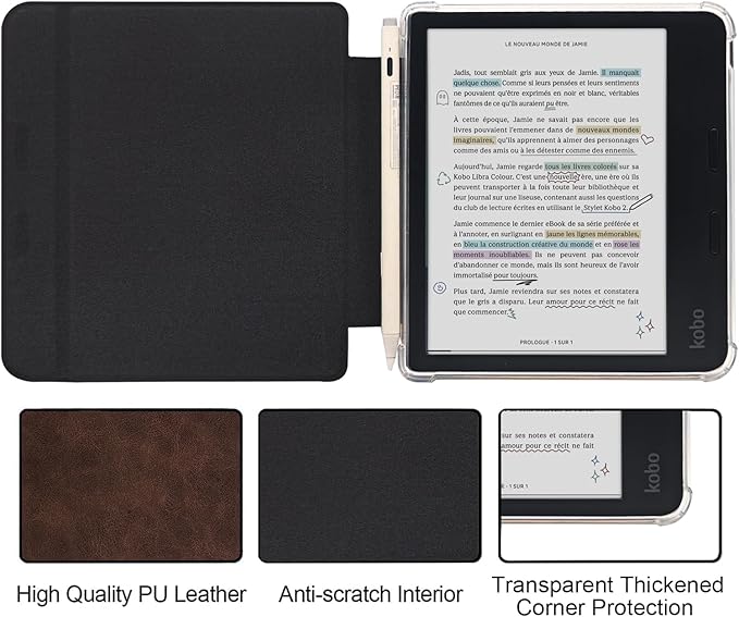 Folio Leather Case for 7" Kobo Libra Colour (2024) eReader - Ultra-Thin Enhanced Auto Sleep/Wake Cover with Transparent TPU Back, Magnetic Closure, Stylus Holder (Cowhide Brown)