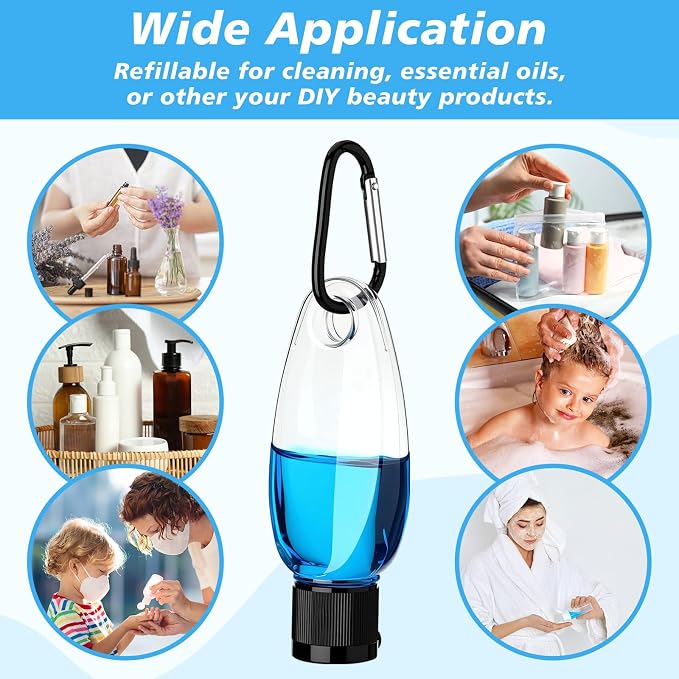 Yalikop 100 Pcs Traveling Bottles with Keychain 1oz Clear Plastic Keychain Bottle Leakproof Refillable Empty Keyring Container Liquid Packing Container Portable Bottle with Lid for Liquid Cream