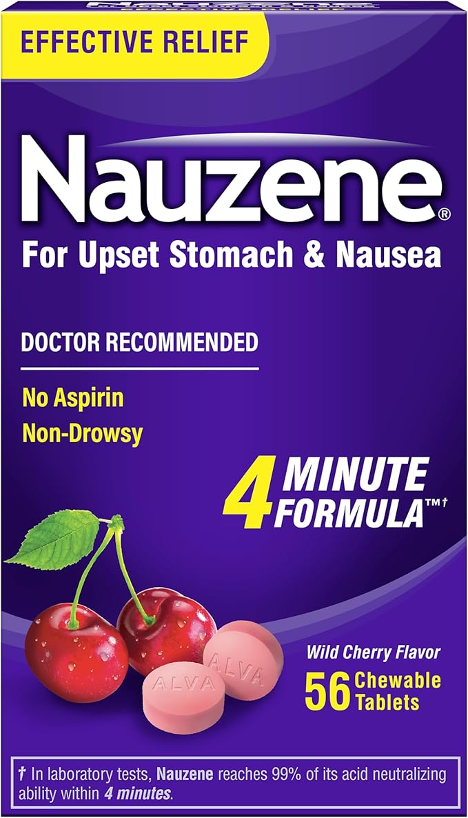 Nauzene Non-Drowsy Upset Stomach & Nausea Relief Chewable Tablets | 4-Minute Formula | Doctor Recommended | Wild Cherry Flavor | 56 Count