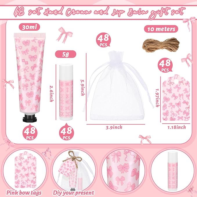 48 Sets Pink Bow Baby Shower Favors Bulk Coquette Baby Shower Gifts for Guests Include 48 Hand Cream and 48 Lip Balm Pink Bow Gender Reveal Decorations for Guests Friends