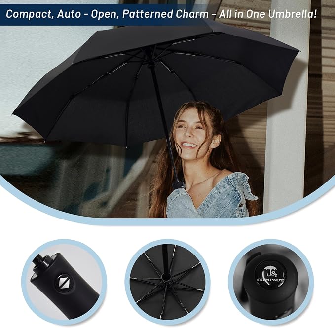 SY COMPACT Travel Umbrella - Windproof Automatic Compact Umbrella for Rain, Lightest 8-Rib, Small, Strong & Portable, Durable Grip, Fits Backpack & Car, Factory Direct (UV Available)