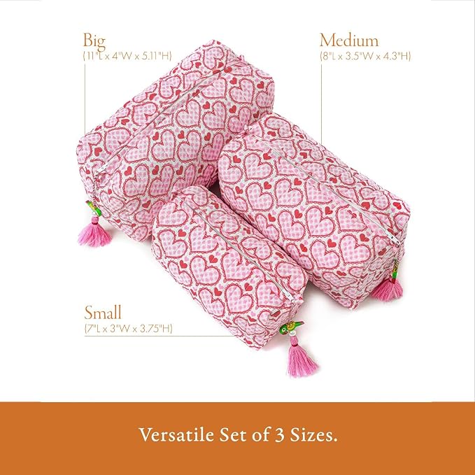 Saffron Marigold Quilted Makeup Bag Set of 3, Hand Block Printed Cotton Cosmetic Bags for Women, Waterproof Lined Travel Toiletry Bag, Coquette Aesthetic, Handmade Gift, Love Blooms