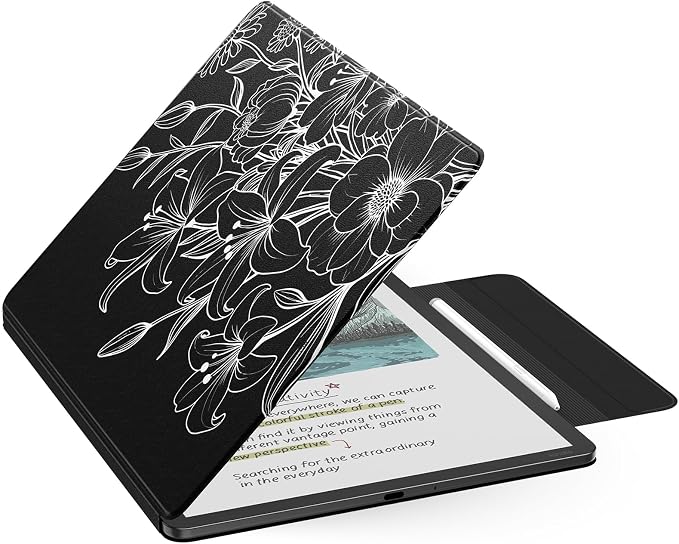 MoKo Magnetic Case for All-New 11" Kindle Scribe 2025(3rd Generation) & Kindle Scribe Colorsoft 2025(1st Generation) - Slim Folio Premium PU Leather Cover with Pen Clasp & Auto Sleep Wake, Line Flower