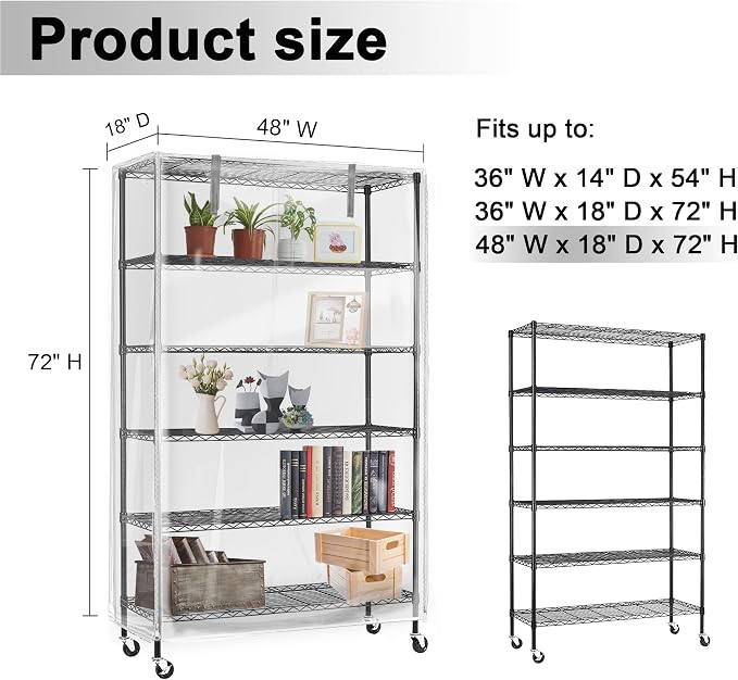 Wire Shelf Cover Waterproof Dustproof for Garage Greenhouse 48x18x72 Clear | Zipper access design easy install reinforced seams flexible fit breathable structure suitable for indoor and outdoor storage