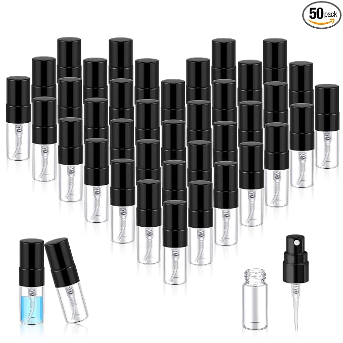 Zhehao 50 Pcs Mini Spray Bottles 2 ml Clear Glass Perfume Bottles Refillable Fine Mist Perfume Atomizer Portable Empty Sample Containers for Cleaning, Essential Oils, Travel (Black Cap)