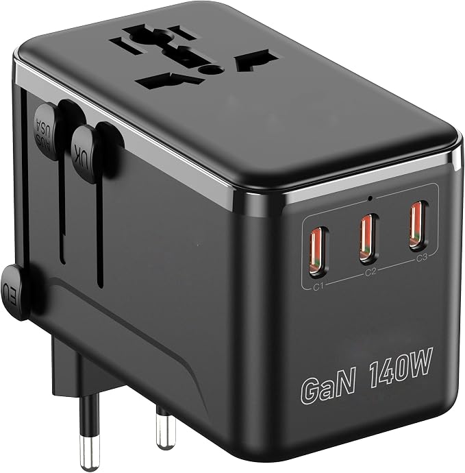 JMFONE 140W GaN Universal Travel Adapter with 2500W AC Outlet, International Power Adapter for Europe UK US AU, 3 USB-C & USB-A Fast Charger for MacBook, iPhone, Laptop and More in 200+ Countries