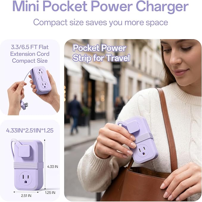 Travel Power Strip, SMALLRT Extension Cord with Multiple Outlets, 6.5FT Wrapped Extension Flat Plug Power Strip with 4 AC Outlets for Travel, Hotel, Cruise Approved, No Surge Protection, Purple