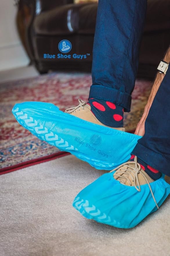 Blue Shoe Guys Premium Disposable Boot & Shoe Covers Booties | 200 Pack | Durable, Non-Slip, Non-Toxic, Water Resistant, Recyclable Protectors for Indoor & Outdoor | Large Size Fits Most Shoes