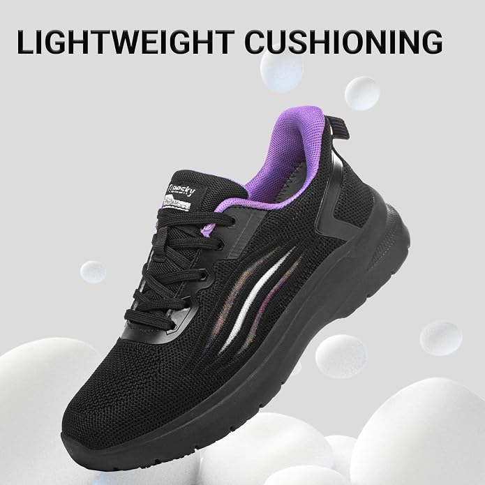 Treesky Black Non Slip Work Shoes for Women, Restaurant & Kitchen Sneakers | Slip resistant soles, lightweight cushioning, breathable knit, removable insole, for nursing, food service & long shifts