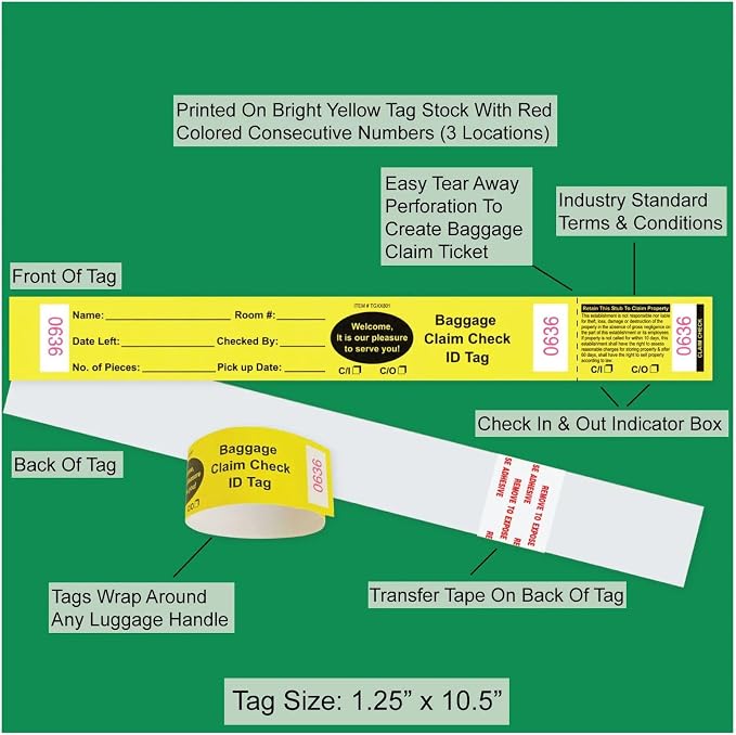 1000 Baggage Claim Check Tags Made from Yellow Card Stock, with Transfer Tape on Back, Printed in Black with Red Consecutive Numbering. Bag Identification Tag Size: 10 1/2" x 1 1/4"