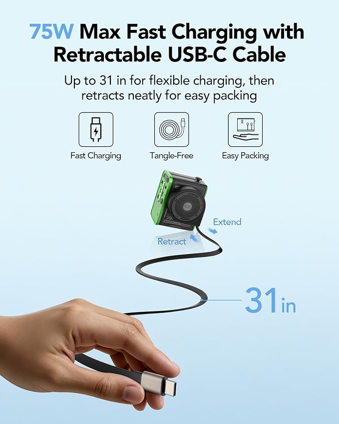 Mfish 75W Universal Travel Adapter with Retractable USB-C Cable, 3 USB-C & 1 USB-A, 1 AC Outlet, International Wall Charger for MacBook, iPhone, iPad, EU/UK/US/AUS, Type A/I/G/C, Black