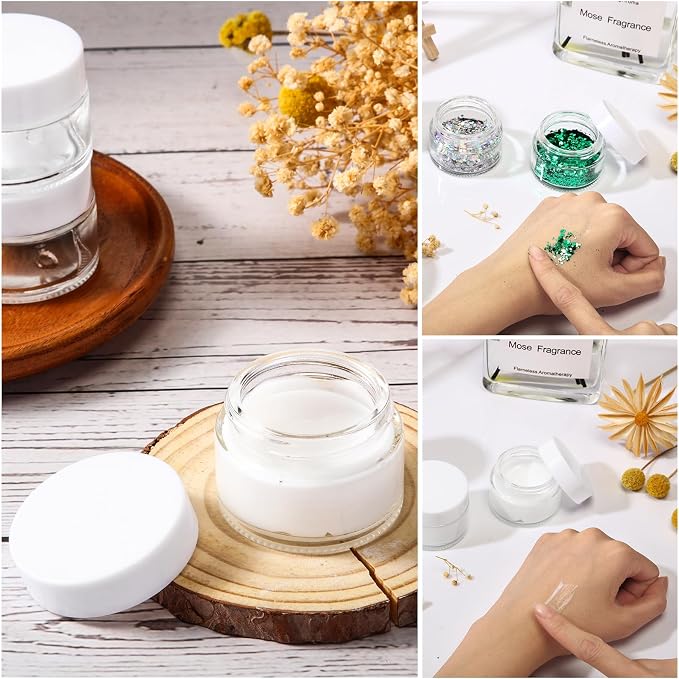 Domensi 60 Pcs 1oz Glass Jars with Lids Bulk Small Glass Salve Tins Cream Container Cosmetic Jars for Travel Balm with Inner Liners for Sample Cream (Clear,White Lid,Plastic Lid)