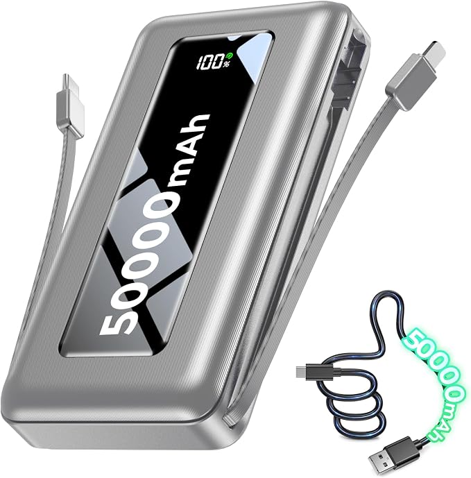 Power Bank, 50000mAh Travel Camping Essential Portable Charger with Built-in USB-C & iOS Cable, 22.5W PD Fast Charging Battery Pack, for iPhone 17/16/15, MacBook, Android – Light Grey