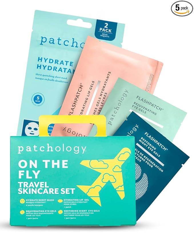 Patchology On The Fly Travel Facial Kit – Travel-Friendly Hydrating Skincare Essentials for Face, Eyes and Lips – Includes 2 Pair Under Eye Patches, 2 Hydrate Sheet Mask for Refreshed Skin,1 Lip Mask