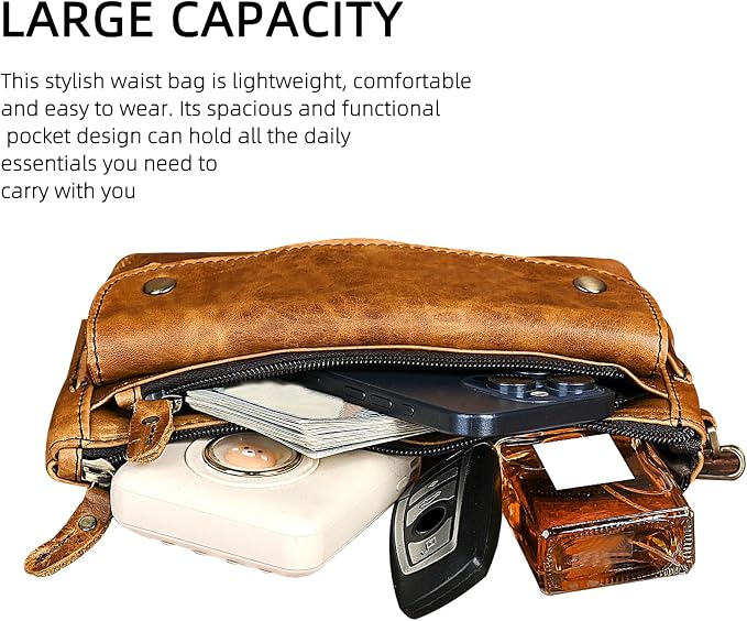 Water Resistant Canvas + Leather Hiking Riding Travel Fanny Waist Pack Small Phone Pouch For Men Women FB811-29 (100% Leather-The 8136 Brown2)