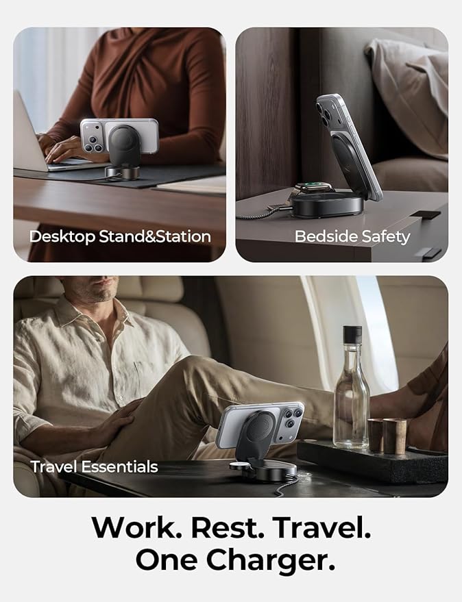 LISEN [Ultra-Fast 25W] 3-in-1 Charging Station for Apple, Qi2.2 25W Foldable Wireless MagSafe Charger Stand for iPhone 17/16/15/14/13 Pro Max, Apple Watch&AirPods, Travel Portable with 45W Adapter | [3 in 1 Qi2.2 25W Fast Charging] Wireless Charger iPh...