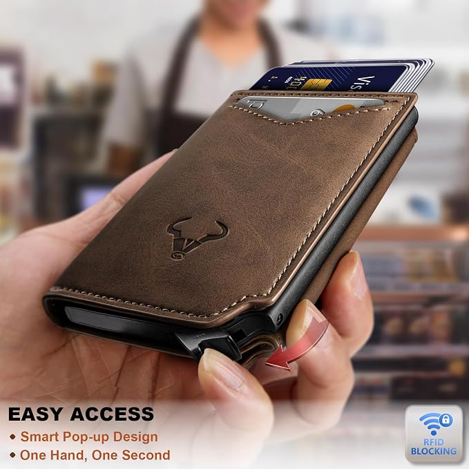 BULLIANT Men Wallet Leather Wallet Card Holders Money Clip for Men 10Cards-Magnetic Flip on Metal Case