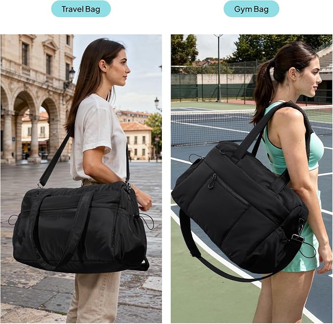 TOPEAST Weekender Bag for Women, Lightweight Puffer Travel Duffle Carry On Bag with Wet Pocket & 40oz Tumbler Pocket, Airline Approved Personal Item Overnight Bag, Black, Large