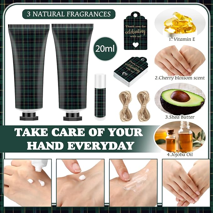 50 Sets 200 Pcs Blue Green Tartan Plaid Baby Shower Hand Lotion and Lip Balm Gift Theme Baby Shower Party Favors Travel Size Hand Lotion and Lip Balm Bulk with Organza Bags Tags