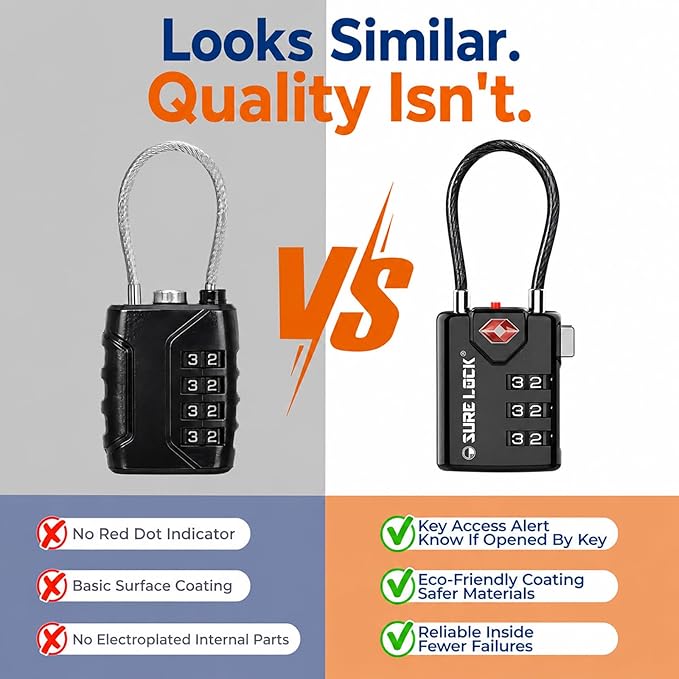 SURE LOCK TSA Approved Luggage Locks with Open Alert Indicator, 3 Digit Combination Cable Travel Lock for Suitcase, Backpack, Gym Locker, Toolbox & Travel Bag（ Four Colour）