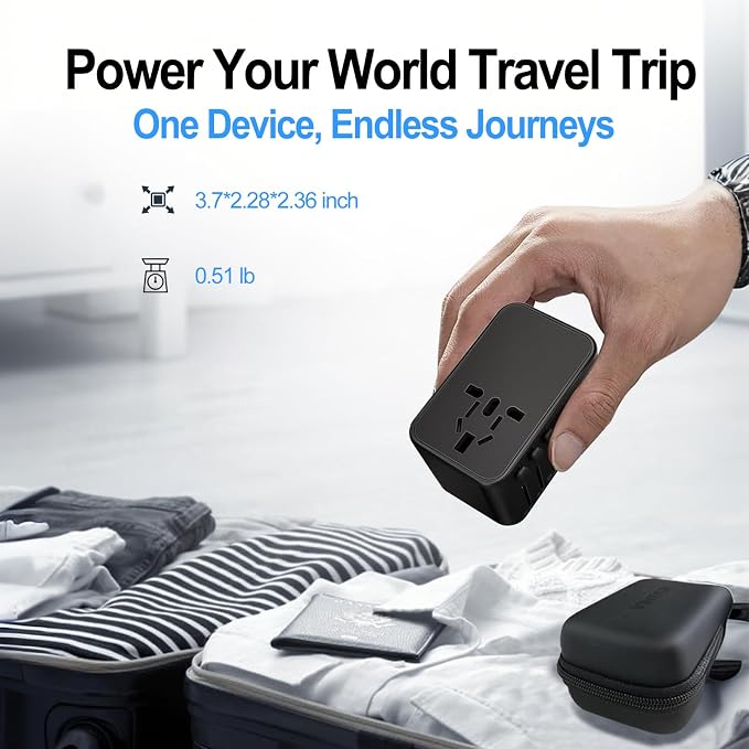 JMFONE GaN 100W Universal Travel Adapter, 5 USB Ports & 2500W AC Socket, USB C Fast Charging Laptops/Tablets/Phones, International Power Adapter with EU UK US AUS Plugs for 200+ Countries
