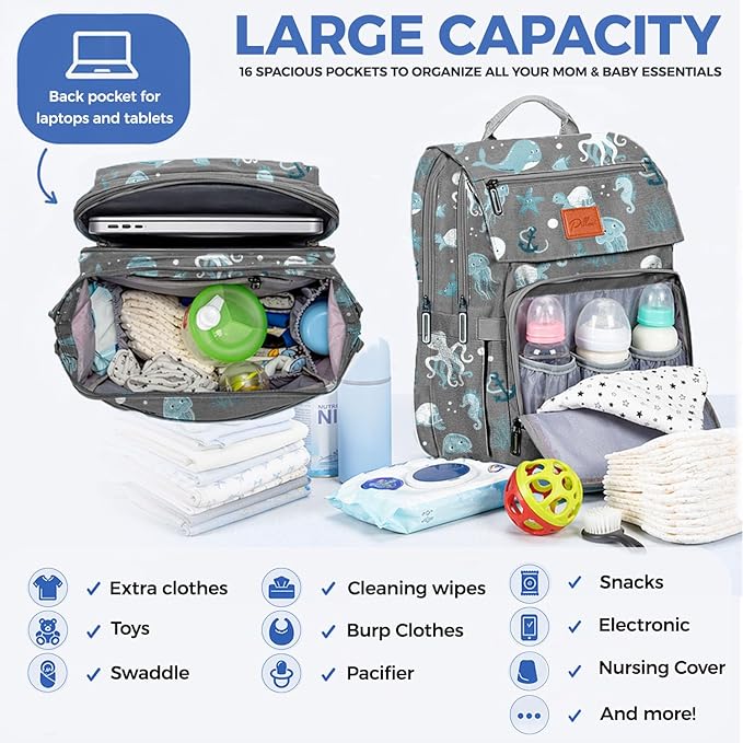 PILLANI Baby Diaper Bag Backpack - Backpack Diaper Bag w/Large Capacity - Baby Shower Gifts - Waterproof Travel Diaper Bags w/Changing Pad, Insulated Bottle Holders, Padded Straps - Baby Boy Stuff