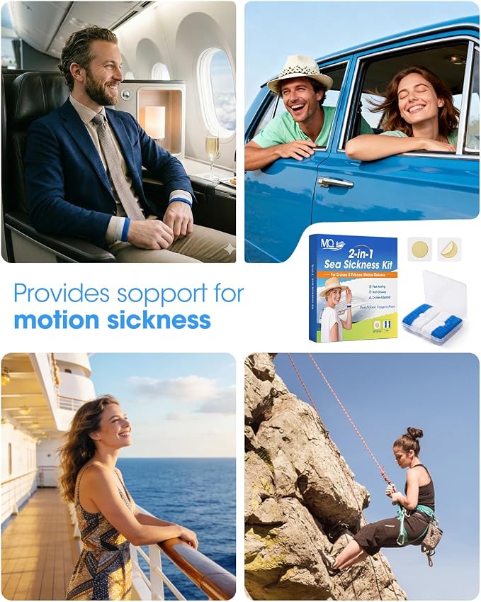 MQ 1Pair Motion Sickness Wrist Bands Utilizing Acupressure Method and 28ct Sea Sickness Patches, Motion Sickness Wristbands for Cruise & Flight, Travel Essentials Non-Drowsy, Effective, Long-Lasting