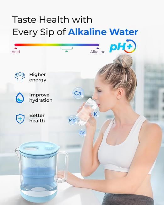 Waterdrop PT-72B-A Glass Alkaline Water Filter Pitcher, 7-Cup, Eco-Friendly, Enhances Alkaline Water, for Home & Office, Reduces Chlorine, Cadmium, Copper & Mercury, Blue