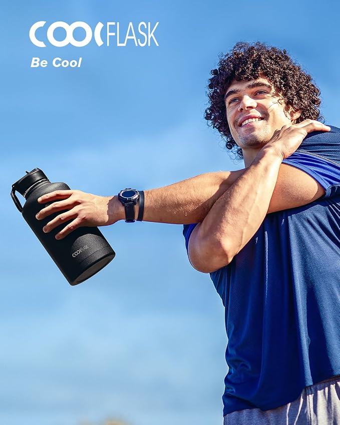 64 oz Water Bottle Insulated with Straw & 3 Lids, Coolflask Large Metal Stainless Steel Water Jug Big Half Gallon Wide Mouth for Sports, Gym or Office, Non-BPA Keep Cold 48H Hot 24H, Magic Black