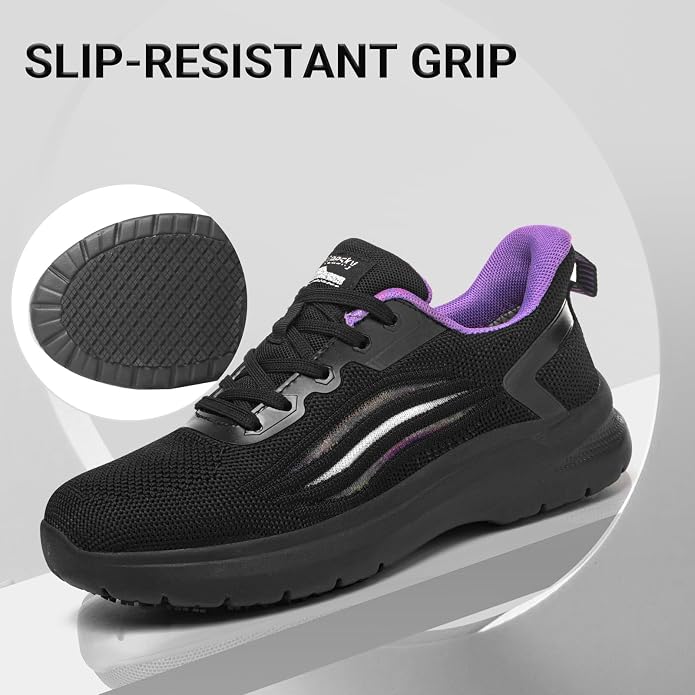 Treesky Black Non Slip Work Shoes for Women, Restaurant & Kitchen Sneakers | Slip resistant soles, lightweight cushioning, breathable knit, removable insole, for nursing, food service & long shifts