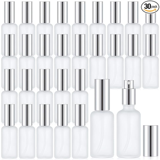 Roshtia 30 Pcs Glass Spray Bottle Clear Empty Bottles Small Refillable Reusable Perfume Bottle with Fine Mist Sprayer Pump for Face Body Travel(1.69 oz,Silver)
