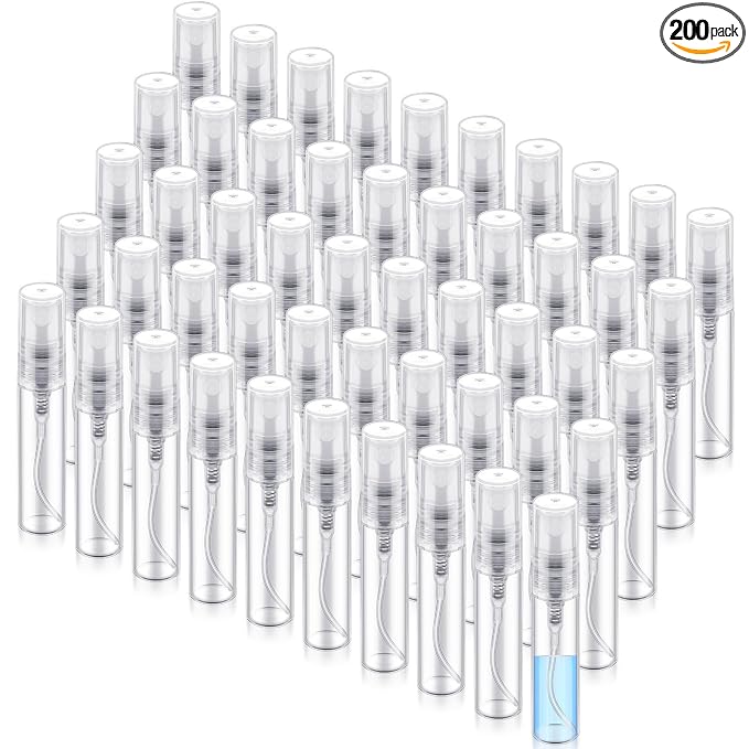 Zhehao 200 Pcs Mini Spray Bottles 5 ml Clear Glass Perfume Bottles Refillable Fine Mist Perfume Atomizer Portable Empty Sample Containers for Cleaning, Essential Oils, Travel (Clear Cap)