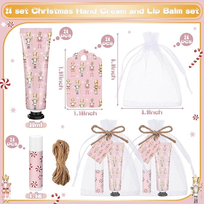 24 Sets Christmas Pink Nutcracker Hand Cream and Candy Lip Balm Gift Christmas Party Favors Travel Size Hand Lotion and Lip Balm Bulk Wedding Bridal Baby Shower Party Supplies for Guest