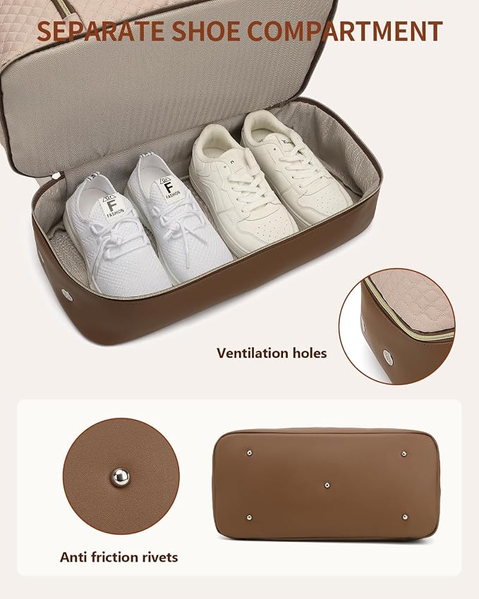 Weekender Bags for Women Travel, Under Seat Carry On Bags for Airplanes Overnight Bag with Shoe Compartment Luggage Sleeve, Foldie Travel Tote Bag Hospital Bag, Travel Gifts, Nude Brown