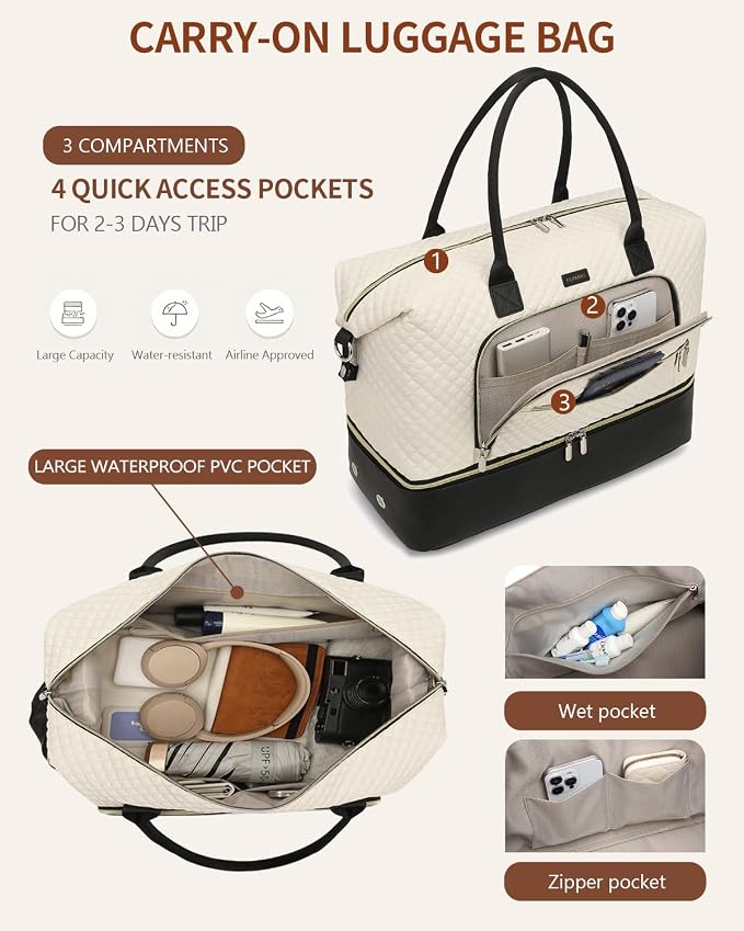 Weekender Bags for Women Travel, Under Seat Carry On Bags for Airplanes Overnight Bag with Shoe Compartment Luggage Sleeve, Foldie Travel Tote Bag Hospital Bag, Travel Gifts, White Black