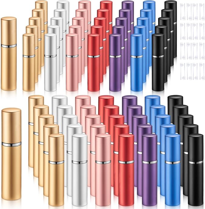 Motiskyy 70 Pcs 5 ml 10 ml Refillable Perfume Atomizers Bulk - Mini Travel Cologne Sprayers with Refill Pump & Transfer Tool for Perfume Makers & Small Studios(Mixed Color)