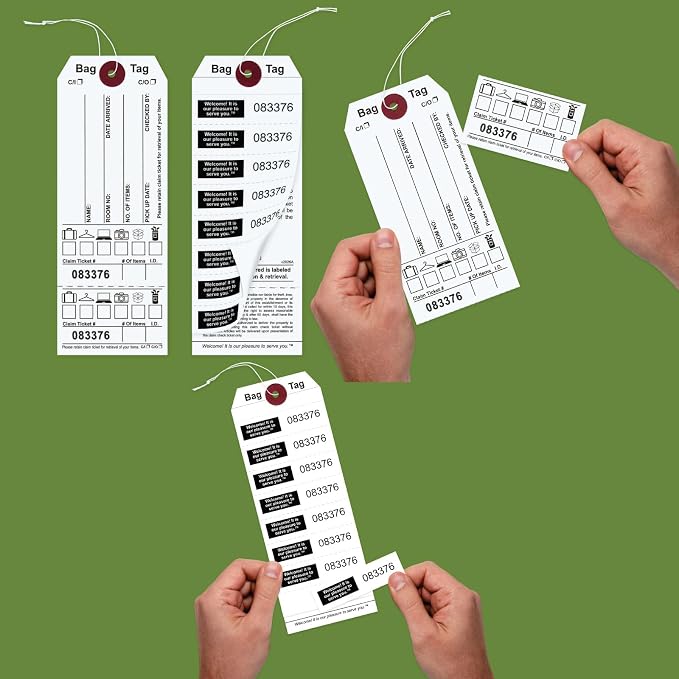 1000 Bag Identification Manifold Construction Tags for Multiple Bags. Printed in Black Ink on White Stock & 8 White Labels with Matching Numbers & Elastic String Attached. Size: 6 3/4" (H)x2 1/2" (W)