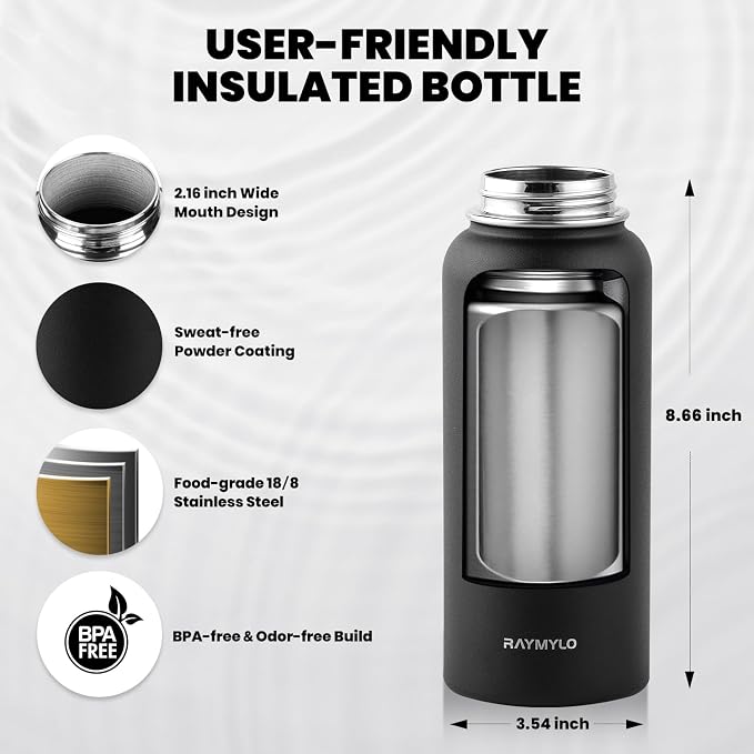 RAYMYLO Insulated Water Bottle 32 oz, Triple Wall Vacuum Stainless Steel (Cold for 24Hrs, Hot for 12Hrs), Leak Proof & Non-BPA, Modern Water Flask Jug with Paracord Handle & Straw Spout Lids