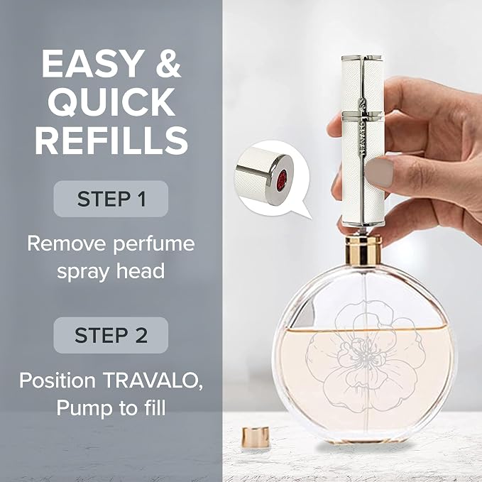Travalo Milano Perfume Atomizer - Leak-Proof and TSA Approved for Air Travel - Reusable, Airtight, Easy Fill Mini Pump Sprayer - Lightweight, Vegan Leather with Polished Metal Outer Shell - White
