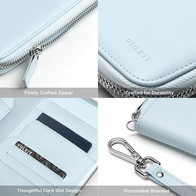 VULKIT Family Passport Holder for 4 Passports - RFID Blocking Travel Wallet Holds Up to 5, Organizer with 4 Slots for Cards & SIM, Secure Zipper Closure, Family Travel Essentials (Light Blue)