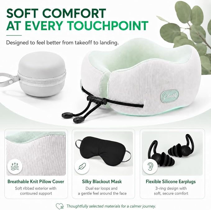 Memory Foam Travel Neck Pillow for Airplane Travel, Head and Chin Support, Adjustable Strap, Washable Cover, Carry Case