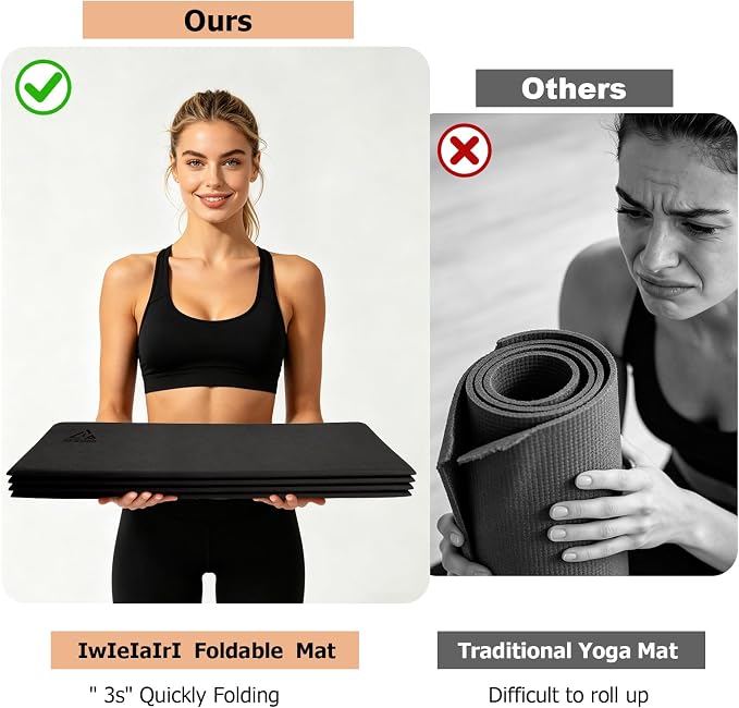 IwIeIaIrI Foldable Yoga Workout Mat with Strap– 1/4" (6MM) Thick, Lightweight, Non-Slip, 69x24" Long-Wide, POE, Portable & Easy to Store for Women Men Home Workout, Pilates, Gym, Travel, Floor Exercises