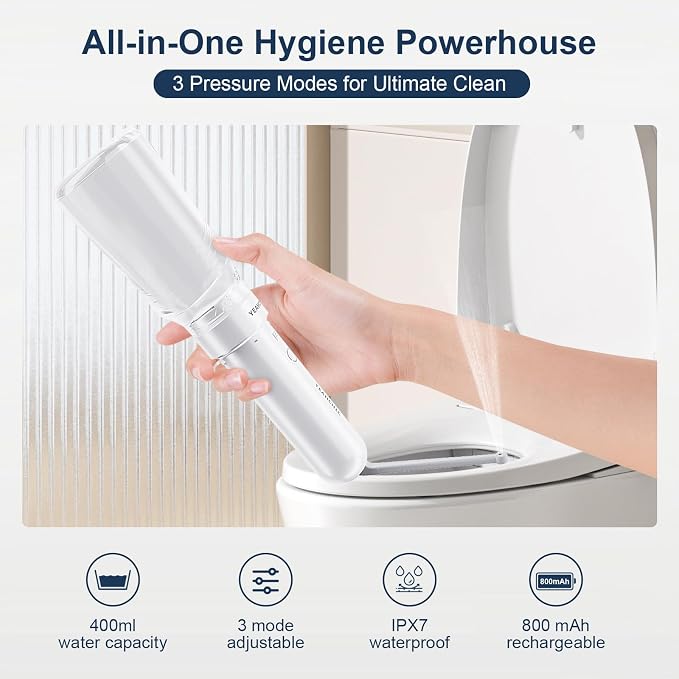 Portable Bidet for Travel – USB-C Rechargeable, 3 Modes, 400ml, Waterproof Sprayer + 2 Nozzles – Baby Portable Bidet, Bidet for Men, Travel Bidet for Women