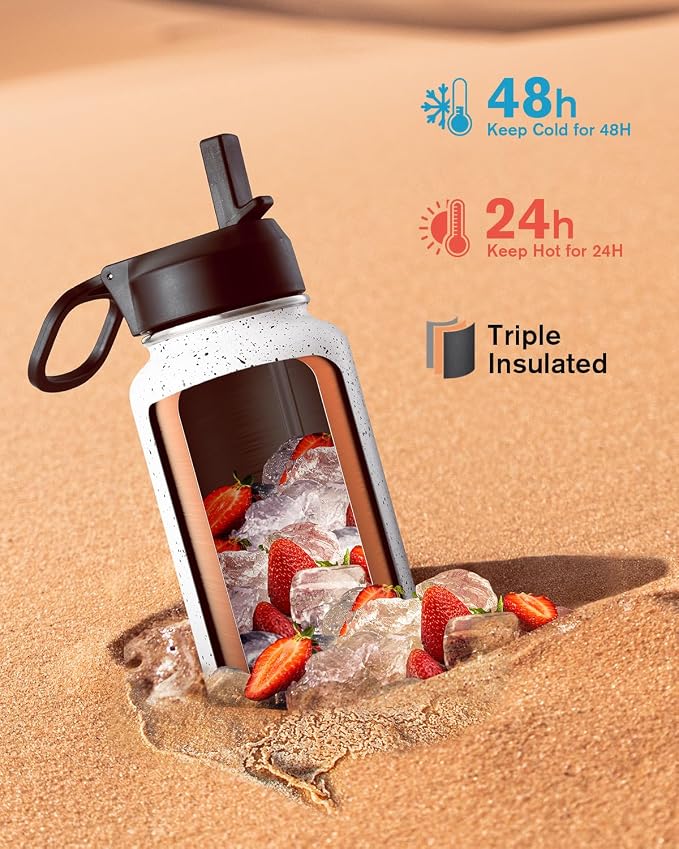 Coolflask Water Bottle 32 oz Insulated with Straw, Stainless Steel Metal 3 Lids Water Flask Wide Mouth for Sports or Office, Non-BPA Keep Cold Up to 48 Hrs or Hot Up to 24 Hrs, Arctic White
