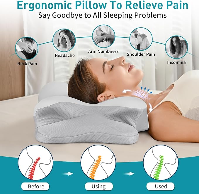 Cervical Pillow for Neck Pain Relief, Ergonomic Neck Pillow for Sleeping, Contour Pillow for Neck Support, Memory Foam Pillows for Reading & Bed Rest Pillows for Sleepers (Light Gray)